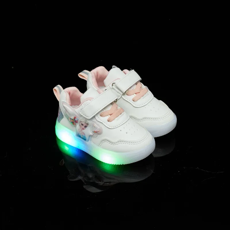 Disney Kids Girls Shoes 2024 Children Sneakers Girls Elsa Frozen Princess Casual Sport Shoes Student Shoes LED Lights Shoes