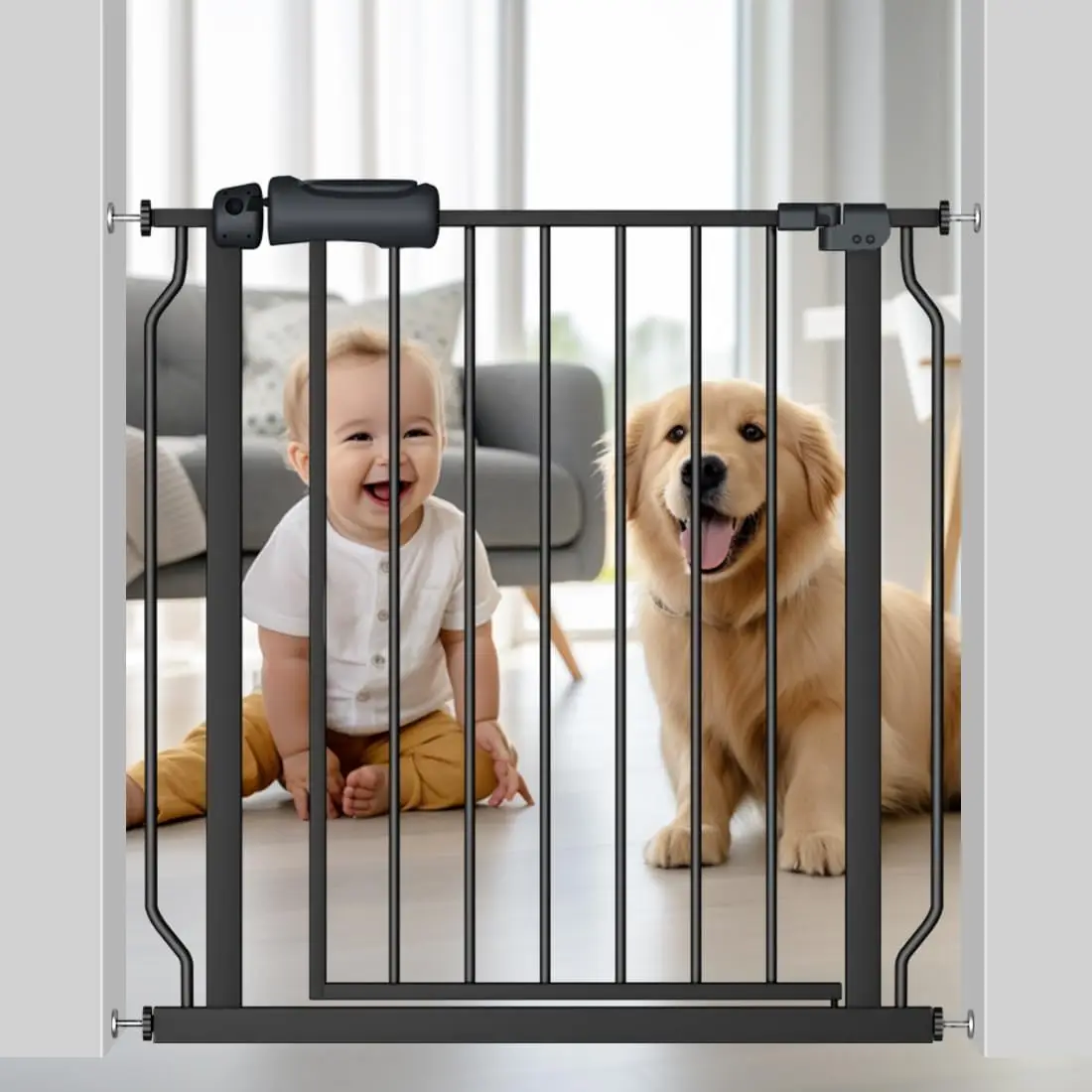 Walk Through Black Baby Gate 29-34 Inch Wide, Pressure Mounted Safety Gate with Door No Drill, Tension Metal Gate