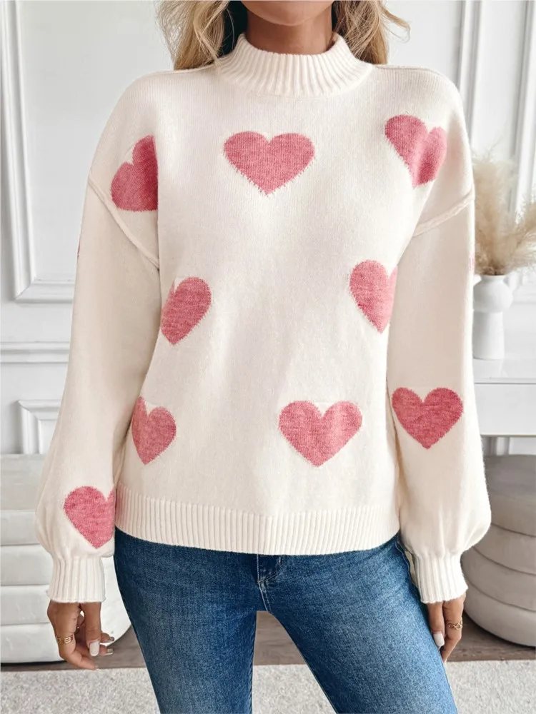 

2025 Autumn Pulls Femmes Sweet Women's Loose Love Jacquard Turtleneck Sweater All-match Loose Simple Style Pullover Comfortable