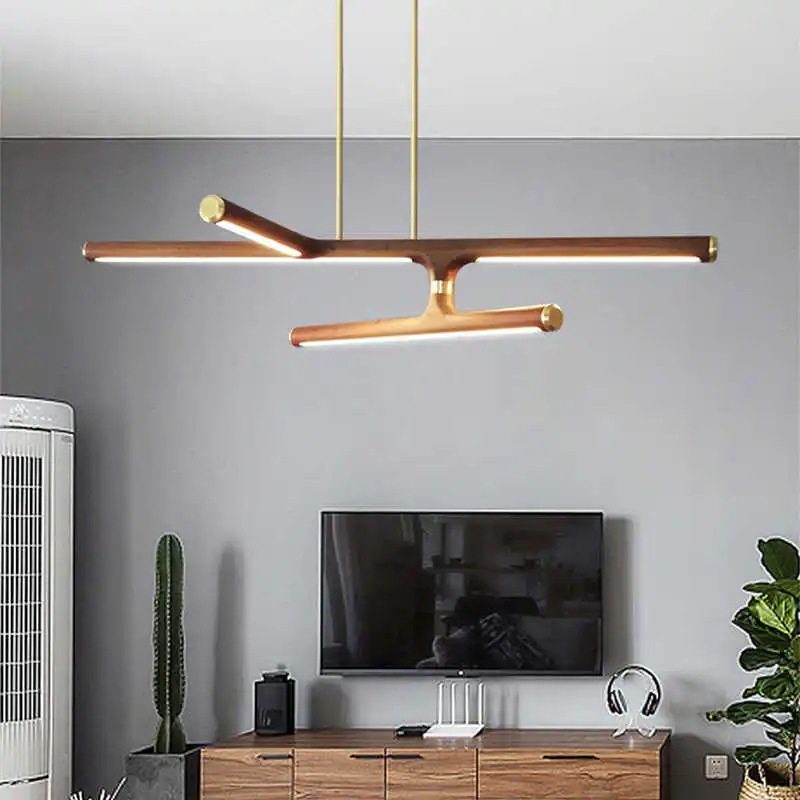 Nordic Postmodern Minimalism Light Creative All Copper LED Light Luxury Simple Black Walnut Solid Wood Dining Room Chandelier