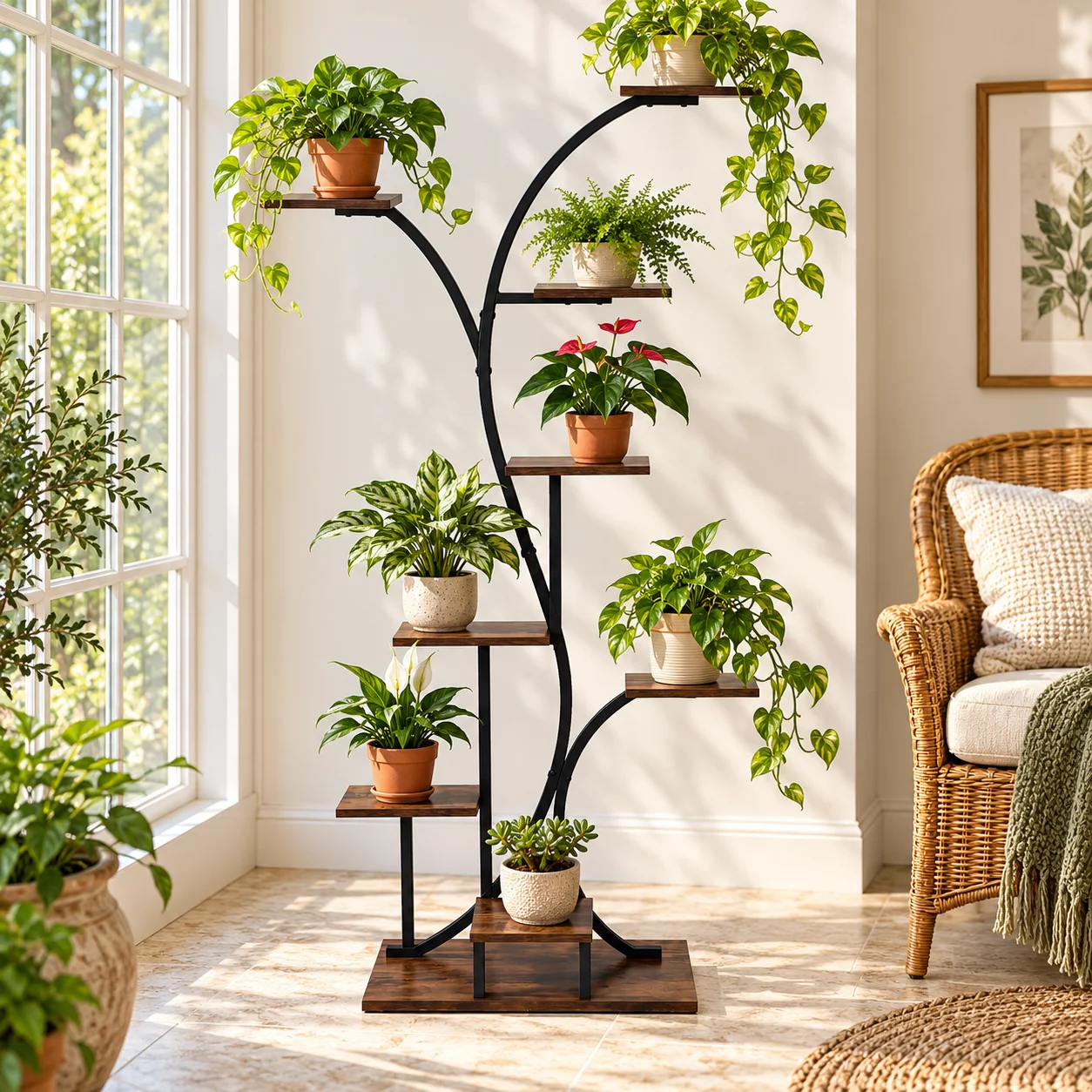 Wood & Metal Plant Stand or Plant Rack with Grow Light, 8-Tier Plant Shelf for Multiple Pots, 165cm Tall Corner Plant Stand Indoor Plant Flower Holder Dispaly Rack for Living Room Patio Home Decor