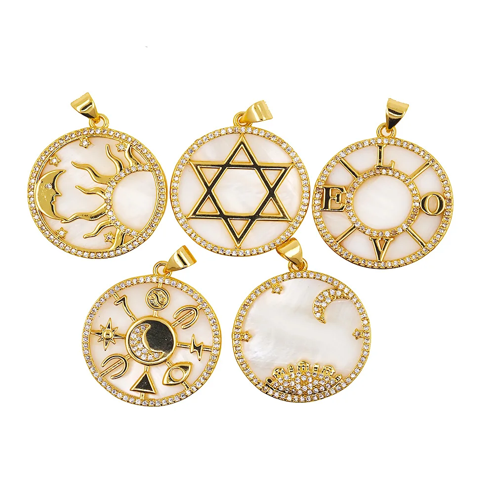 Luxury Natural Shell Pearl Sun Sun And Moon Star Of David Pendant CZ Gold Plated Necklace Accessories For Women Charms Jewelry