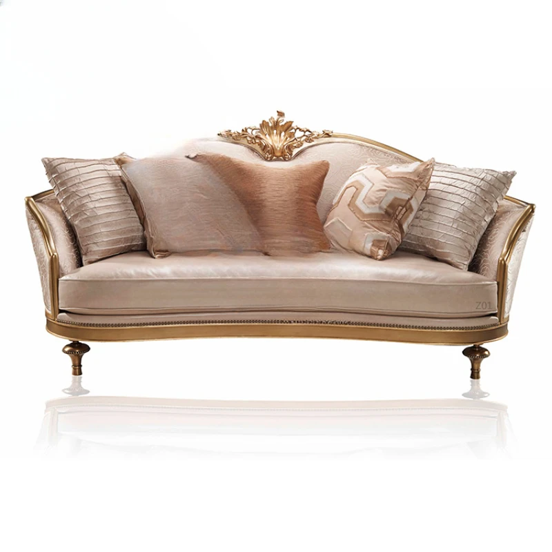 

Neoclassical leather cloth sofa, solid wood carving flower three-person sofa, villa living room reception sofa