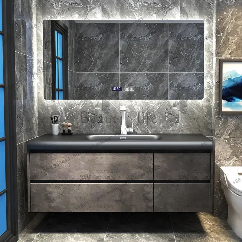 Italienische minimalistische schwarze Waschbecken-Badezimmerkombination mit WC-Waschtisch und intelligentem Badezimmerschrank