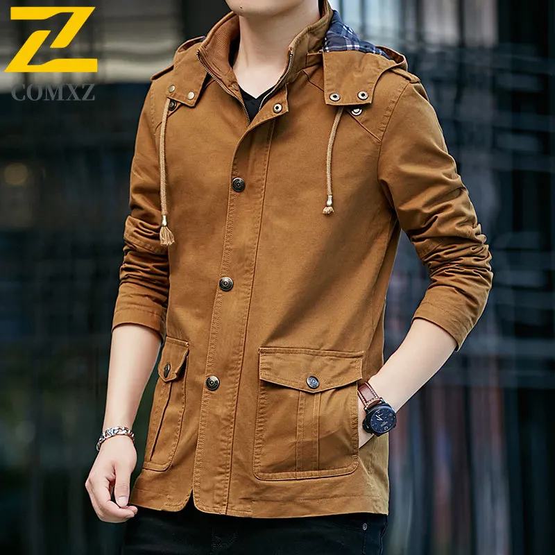 2025 Autumn High Quality Jacket Men's Fashion Cotton Windproof Multi-pocket Work Coat Outdoor Hunting Hiking Hooded Overcoat Man