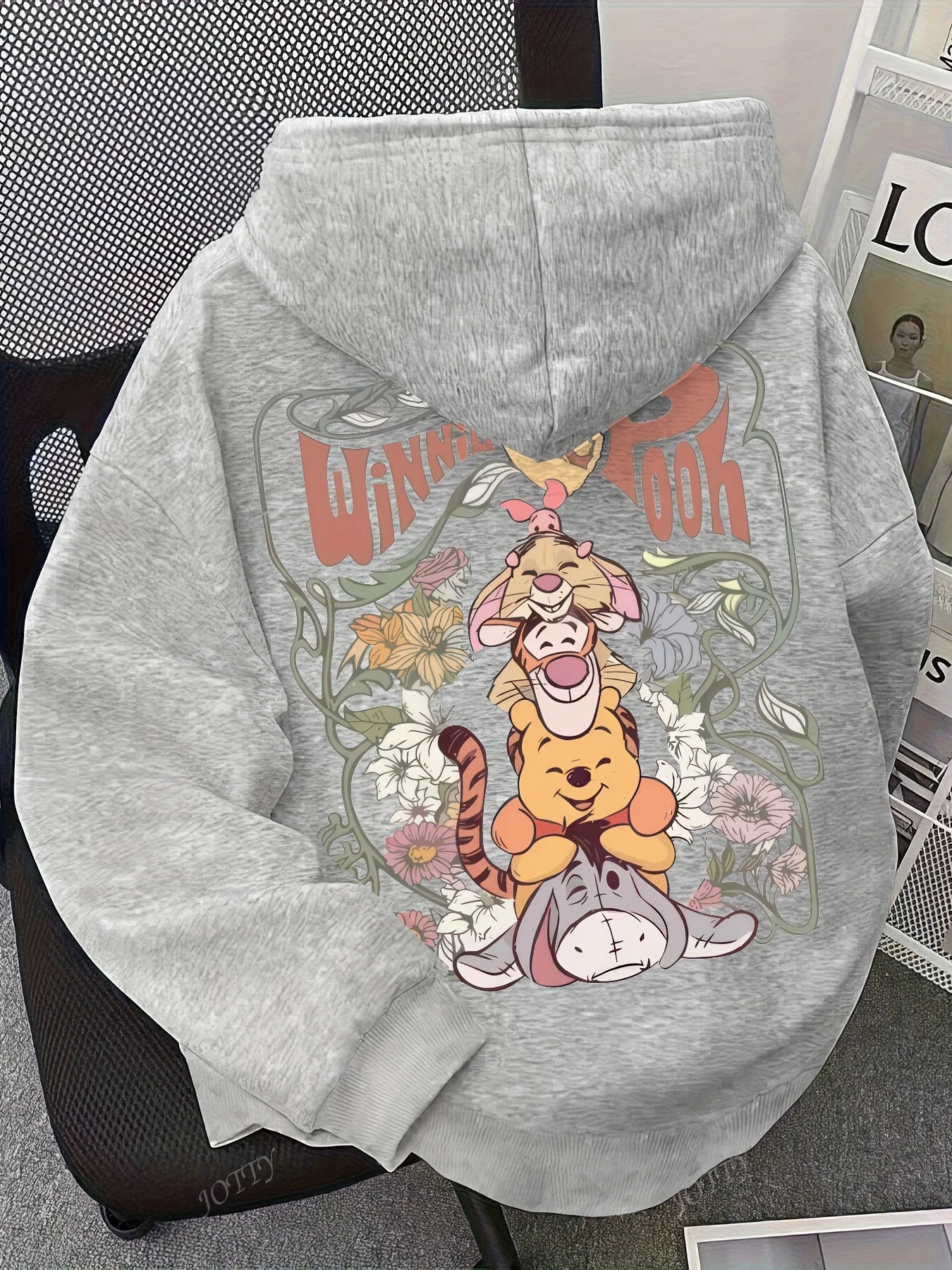 디즈니 여성용 후드티 위니 푸우와 친구들 꽃무늬 만화 프린트 그레이 겨울 따뜻한 양털 풀오버 후드티 여성용