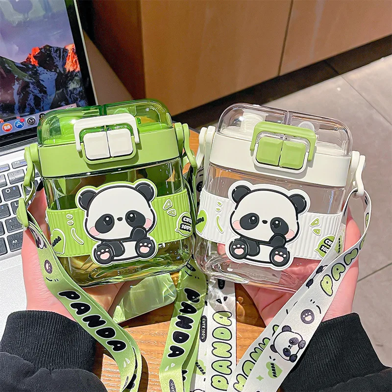 

Fashionable Panda Plastic Cup Convenient Strap Double Drinking Cup Large Capacity Cup Word Outdoor Sports Cup