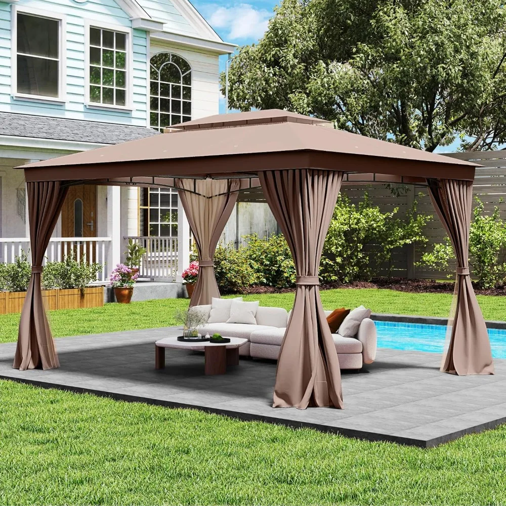 

10x13 FT Outoor Gazebo, Metal Patio Gazebo with Mesh Netting & Privacy Curtains, Heavy-Duty Metal Frame, 2-Tier, Customized