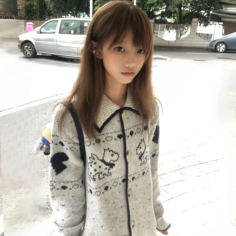 Y2k Retro Puppy Embroidered Cardigan 2000s Style Turn-down Collar Knitted Outerwears Vintage Harajuku Knitwear Spring Autumn