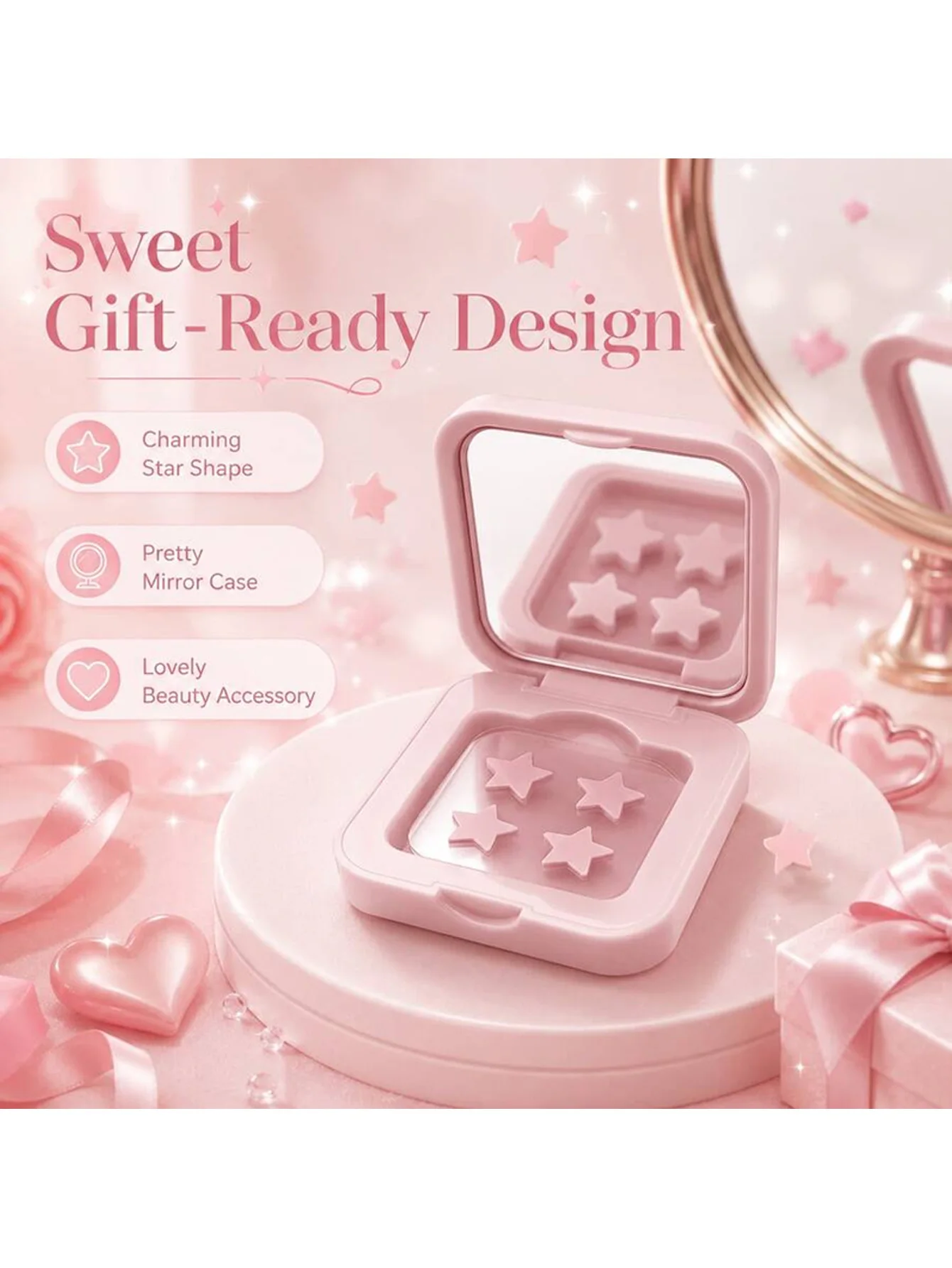 60 Pieces Pink Portable Travel Makeup Mirrors Box with Star Shaped Beauty Patches Decorative Practical Fa