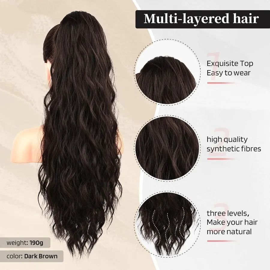 وصلات شعر على شكل ذيل حصان برباط 26 بوصة للنساء قطعة شعر صناعية طويلة مجعدة ومموجة مع مظهر طبيعي للاستخدام اليومي وP