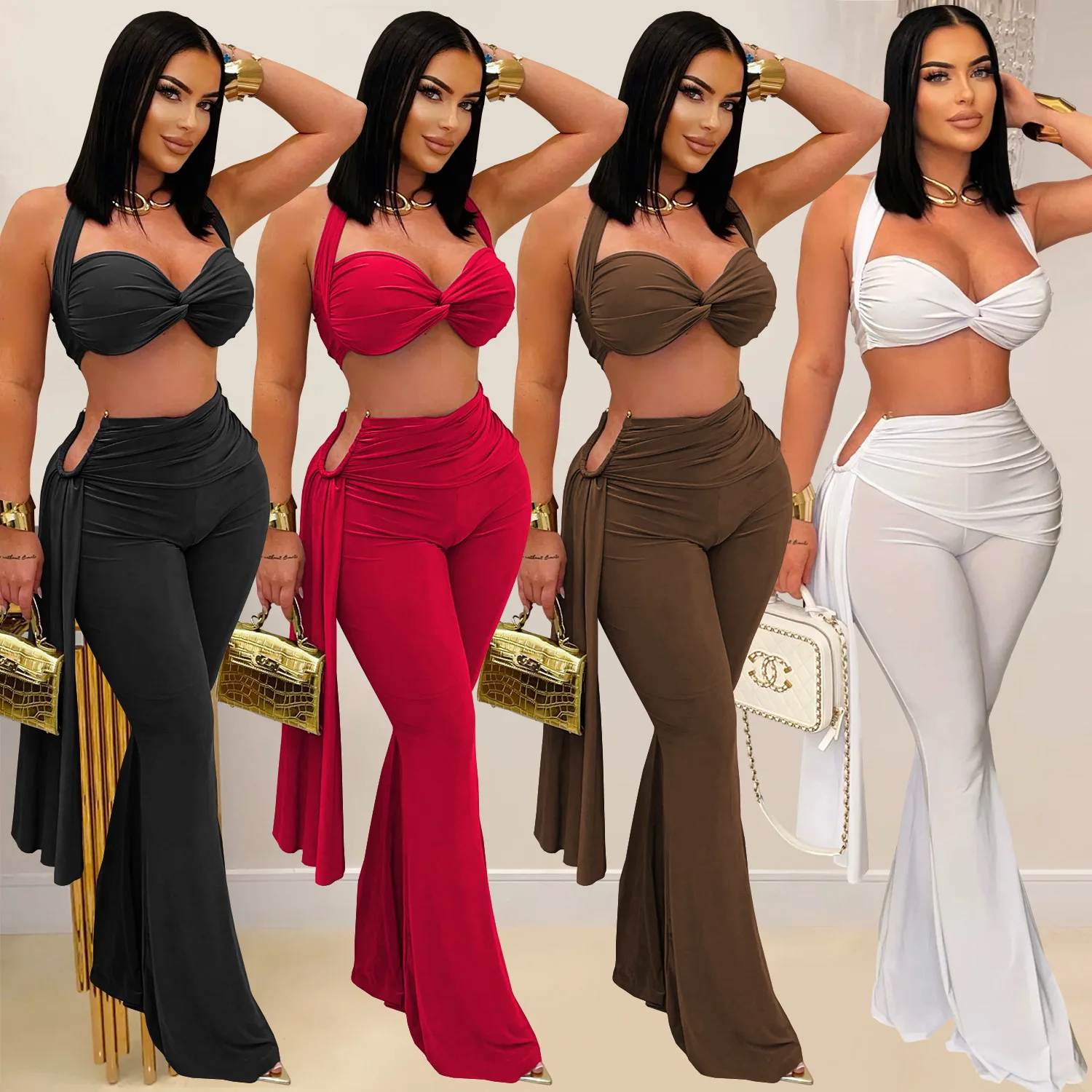 

2 Piece Sets for Women Summer Halter Tie Sleeveless Crop Top Waist Cut High Waist Flare Pants Set