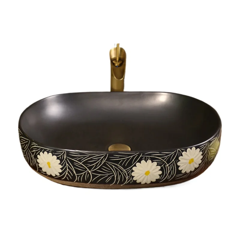 

Small wrinkled chrysanthemum table basin Oval ceramic black wash basin Antique table basin Hotel household