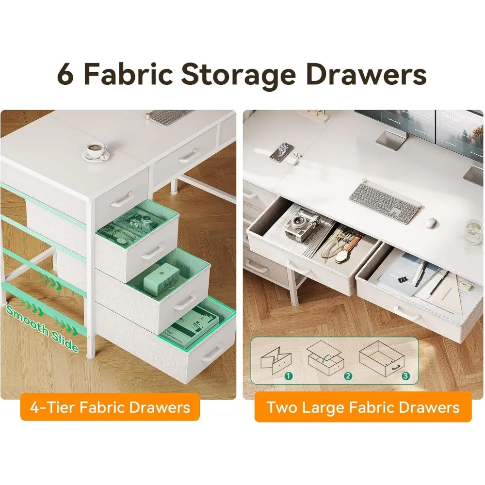مكتب مكتب مقاس 48 بوصة مع 6 أدراج، تصميم قابل للعكس للمكتب المنزلي، طاولة دراسة باللون الأبيض