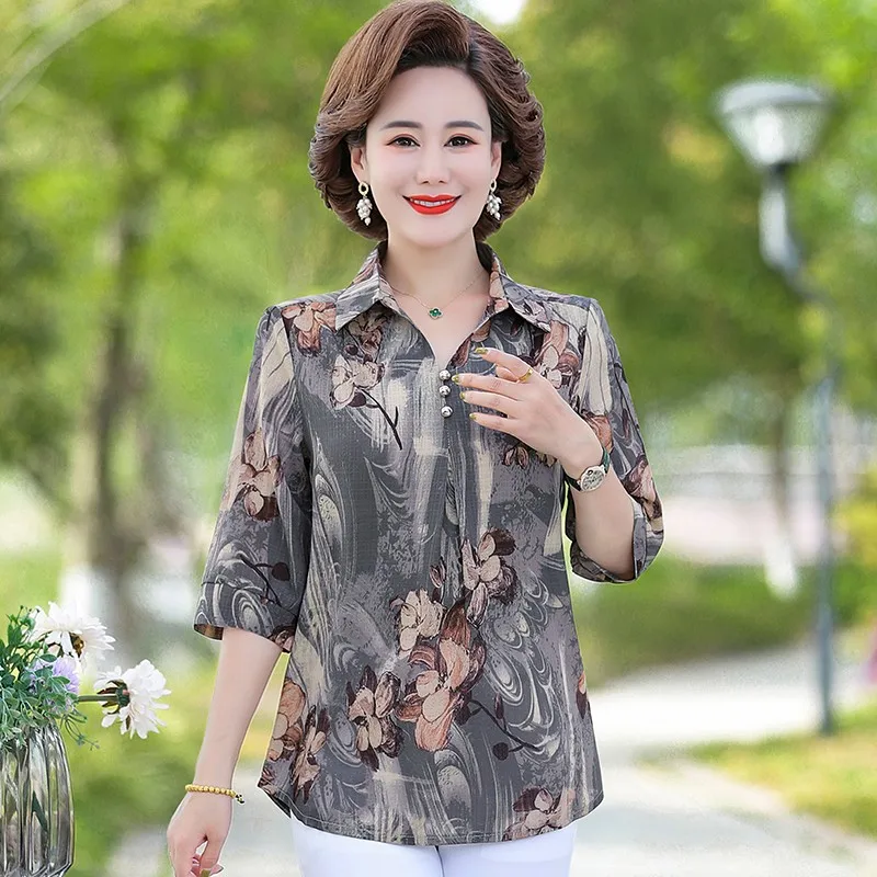 printed chiffon V-neck half sleeve shirt woman Fashion elegant loose blouse ladies 2022 new Mom casual spring summer tops