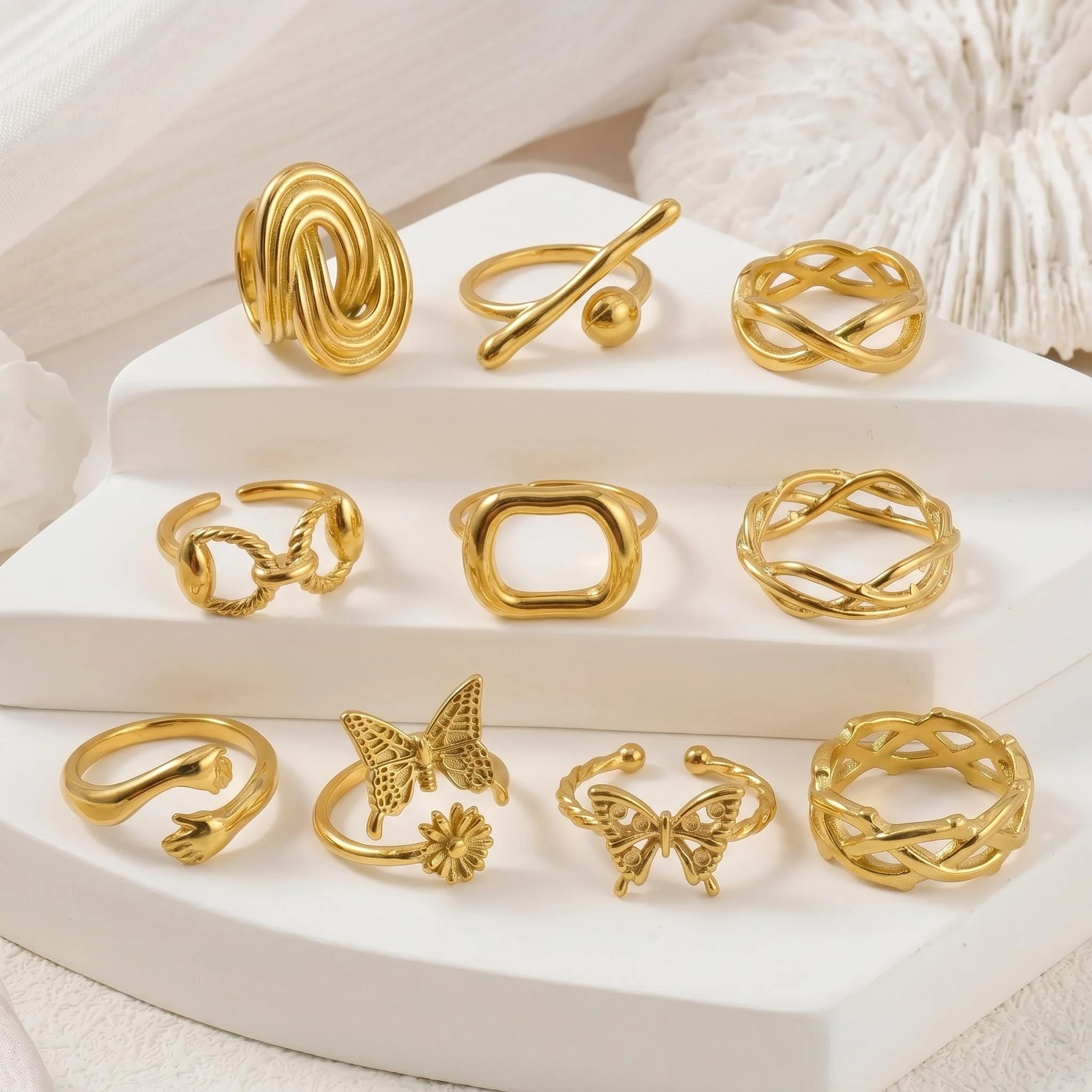 Women Gold Open Rings Stainless Steel Stackable Rings Minimalist Textured Twisted Hollow Adjustable Finger Jewelry Daily Party