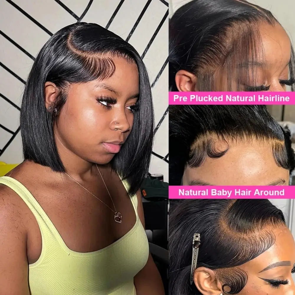 Perucas retas bob natural preto curto cabelo humano 180 densidade hd perucas dianteiras do laço bob perucas frontal renda transparente para mulher