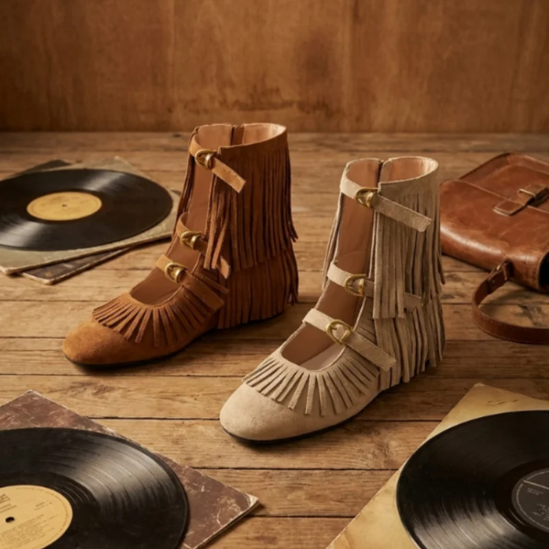 

Women Vintage Fringe Suede Mary Janes Ankle Boots Multi Buckle Straps Ballet Flats Chic Bohemian Festival Walking Footwear Retro