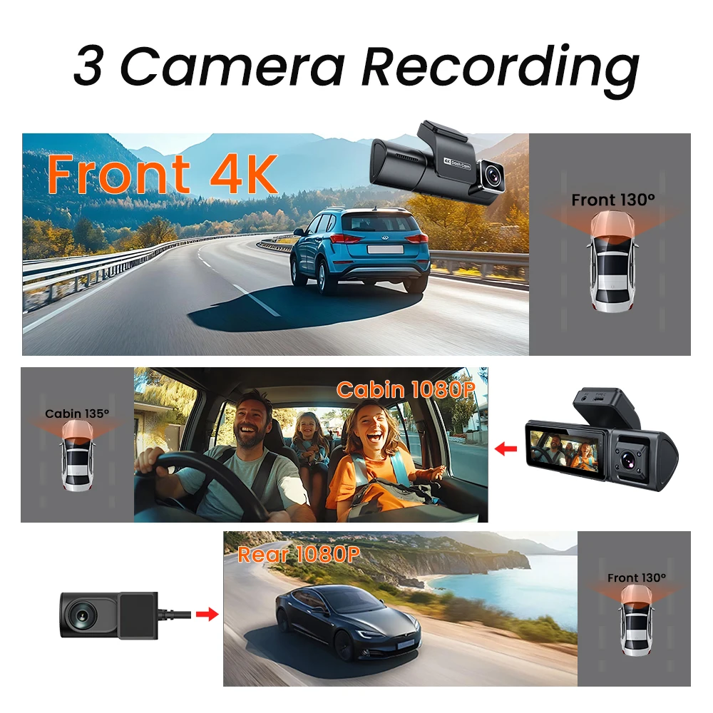 4K  3 Channel Dash Cam For Cars Built in GPS WIFI APP Car Camera 3.2Inch IPS Screen IR Night Vision Loop Recording Dashcam