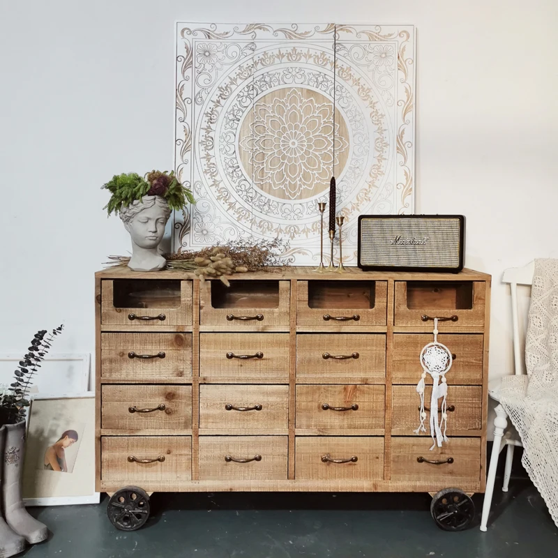 Country Retro Cabinet Solid Wood Chest of Drawers Sideboard Cabinet Distressed Locker