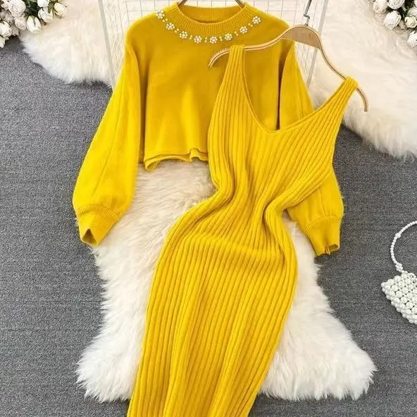 Korean Elegant Two-piece Dress Sets Women O-neck Long Sleeves Knitted Sweater + Long Slip Dress Autumn Winter Y2K Skirts Suit