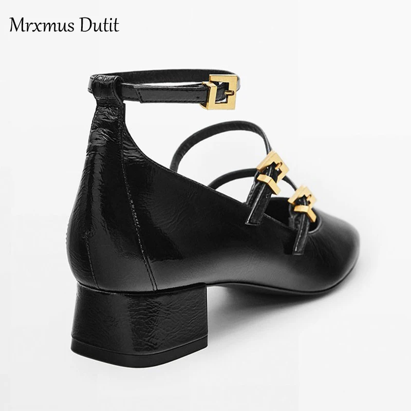 Mrxmus Dutit 2023 New Spring Summer Fashion Genuine Leather Mary Jane Rough Heel Sandals Women Simple Ballet Shoes Female Chic