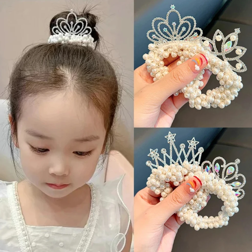 

Fashion Pearl Crown Princess Hair Bands Elastic Rubber Bands Children Ball Hair Bun Ties Hair Styling Accessories