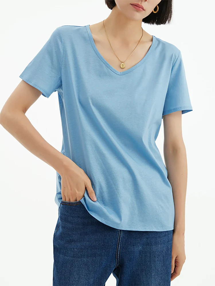 Woman T Shirts Silk Linen Blend Natural Cozy Tee Square Collar 2023 Spring Summer Plain Top Blue White DALINN