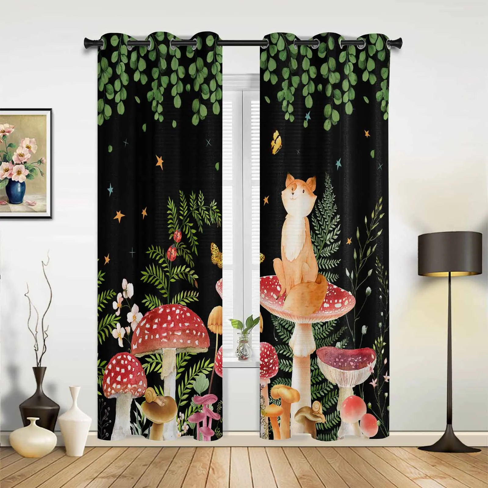 Mushroom Plants Ladybugs Foxes Leaves Black Living Room Curtains Modern Home Decor Kitchen Drapes Bedroom Window Curtains