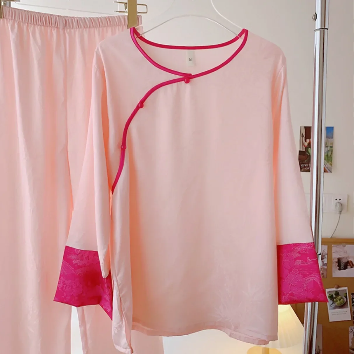 

New Chinese Style Female 2PCS Pajamas Set Sleepwear Exquisite Jacquard Long Sleeve Trouser Suits Spring Autumn Satin Homewear