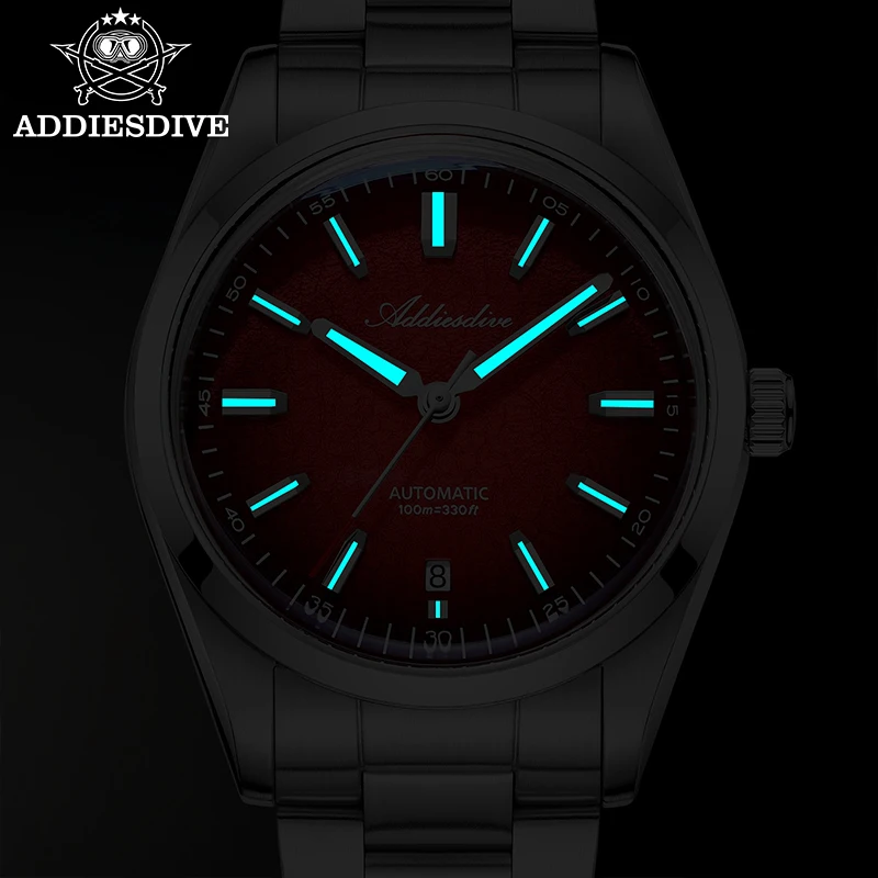 ADDIESDIVE ผู้ชายนาฬิกากลไกอัตโนมัติกระจกบับเบิ้ลซุปเปอร์ลูมินัส 100M กันน้ำ 316L สแตนเลสนาฬิกาหรูชาย