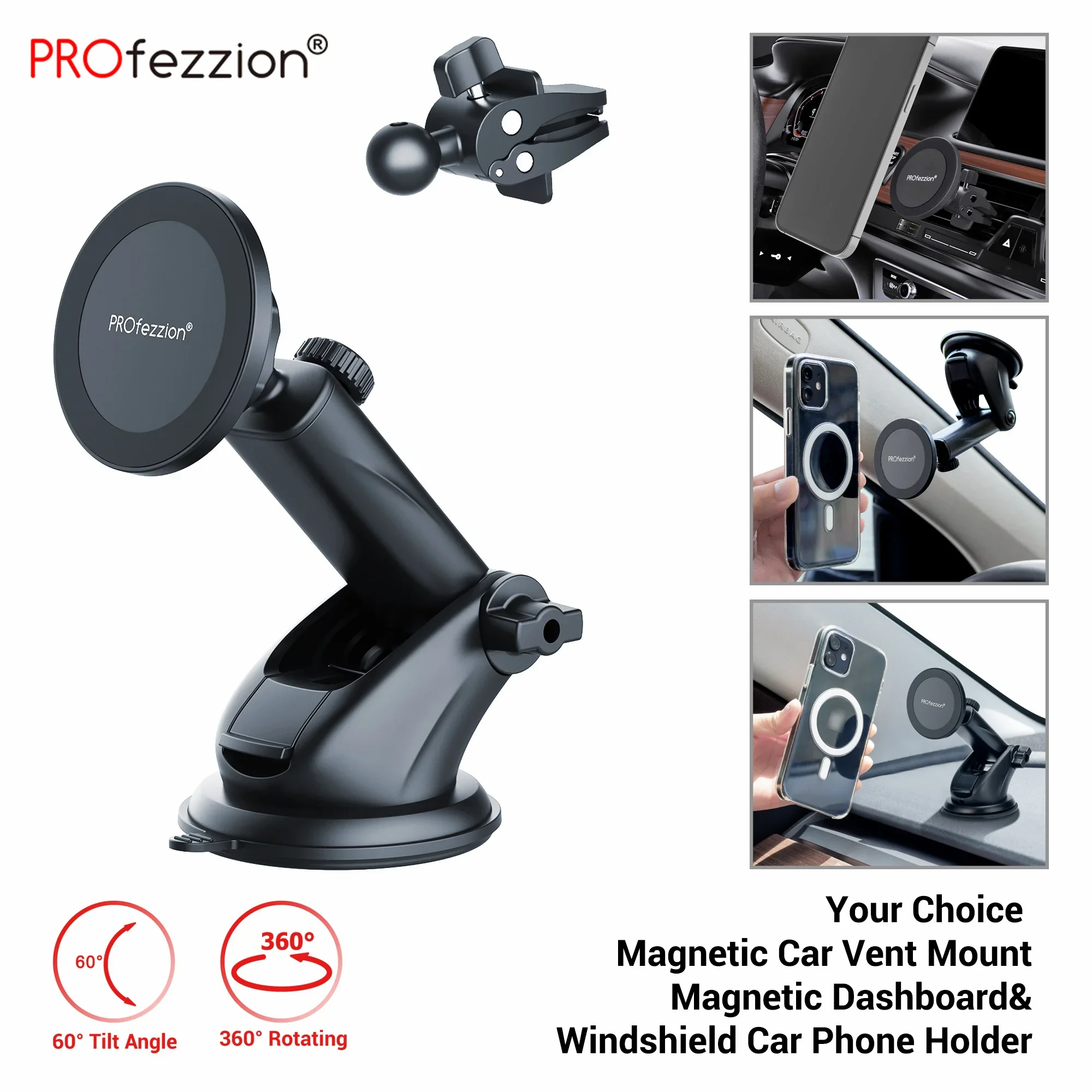 PROfezzion Magnetic Car Holder Mount Windshield Suction Cup Stand & Vent Clip Magnet Stand for iPhone 15 14 13 12 Pro Max Plus