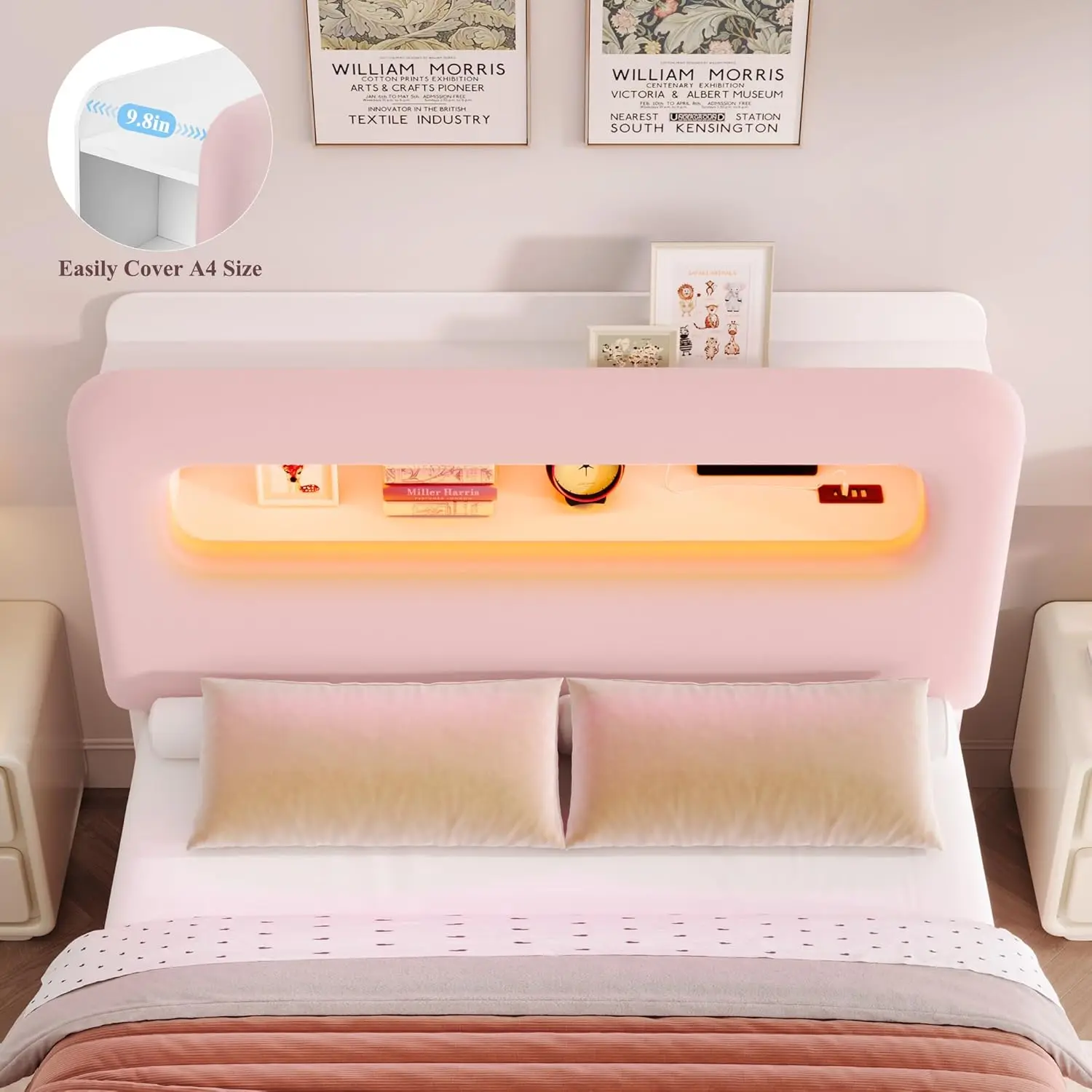 Hostack Queen led-bedframe met opberghoofdeinde en laadstation, meisjesbedframe met 2 lades en USB-poorten, fluweel