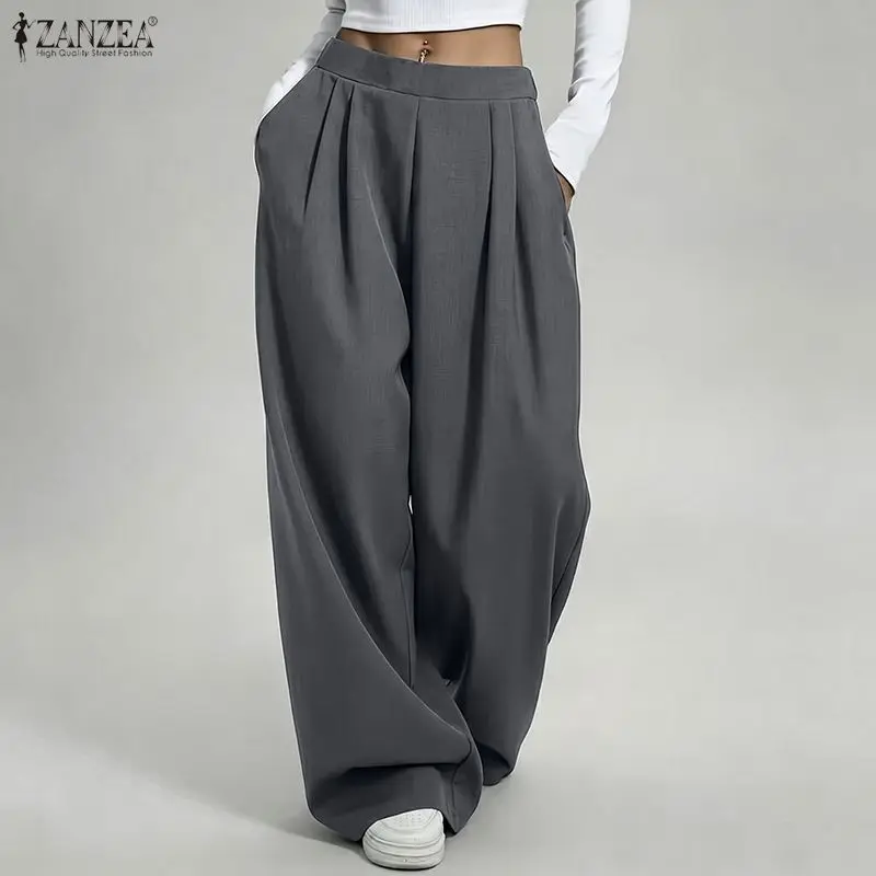 ZANZEA 2026 Women Casual Flowy Wide-Leg Pants Elastic Back Waist Solid Color Loose Trousers Autumn Office Work Commute Pantalon