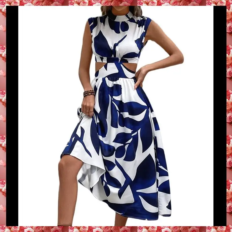 Women's Summer Dress Floral Print Cutout Batwing Sleeve Round Neck A-Line High Waist Midi Dress