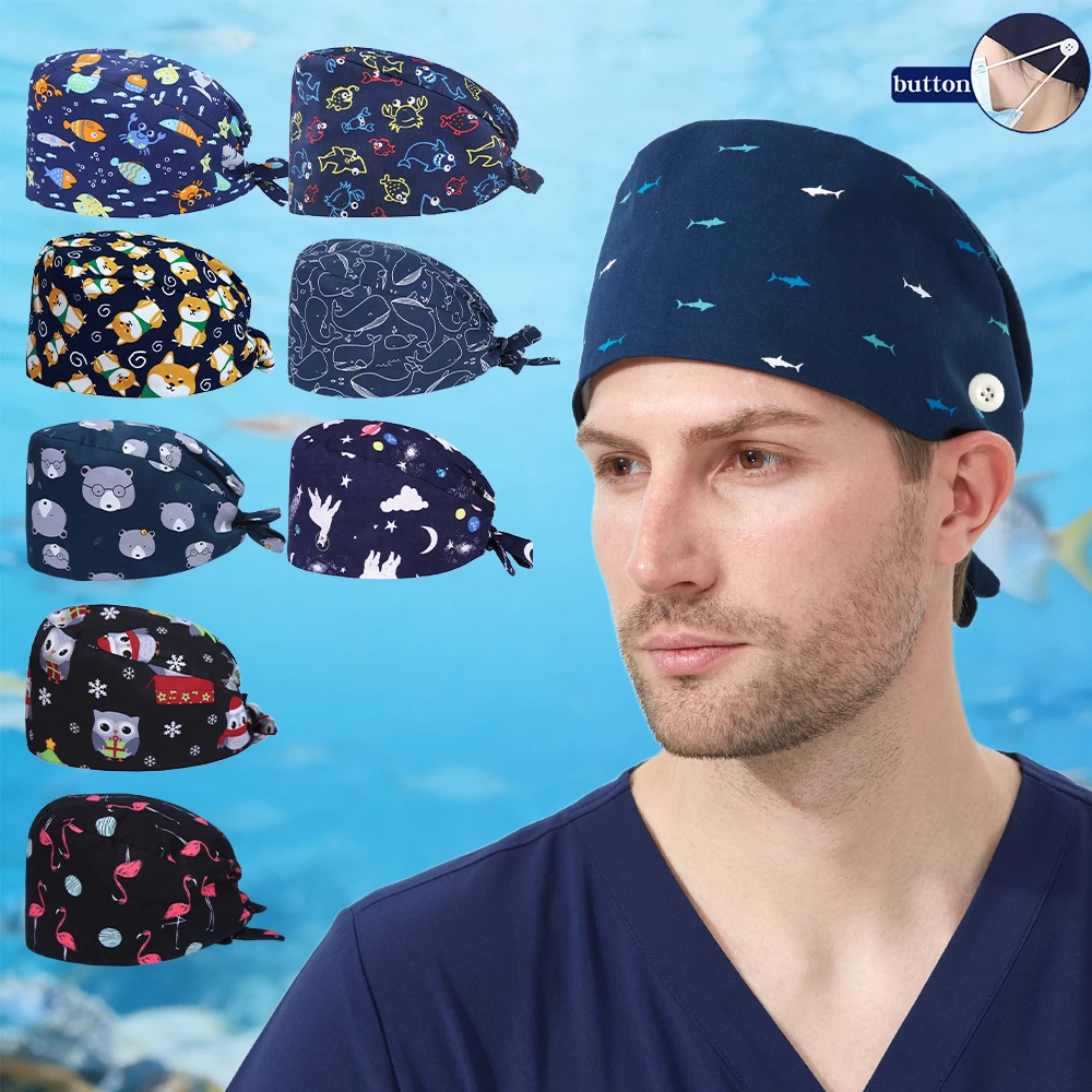 

Shark Print Scrub Cap for Doctors Breathable Nurses Nursing Hats 100% Cotton SPA Vet Working SkullCaps M285