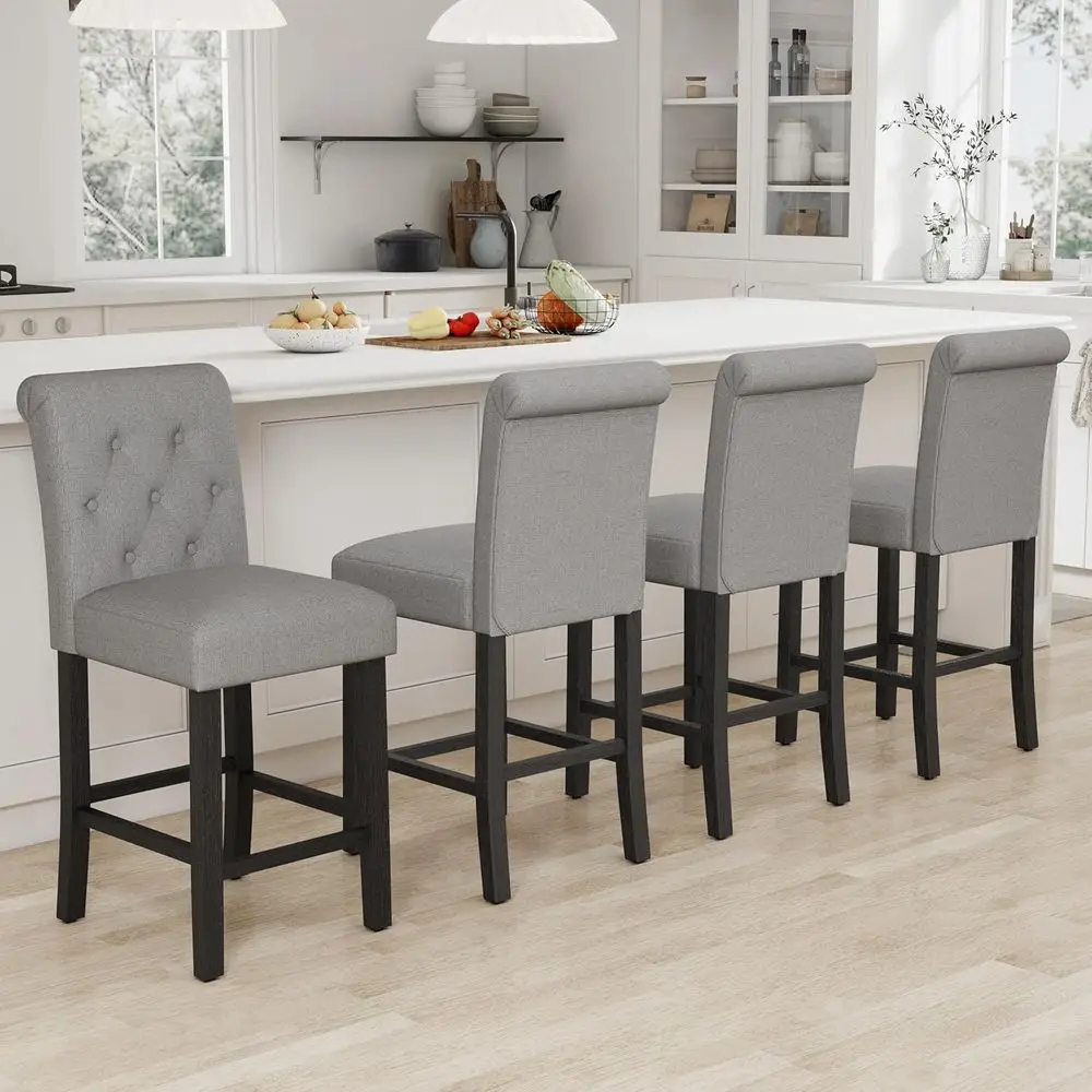 Set of 4 Grey Upholstered Counter Height Bar Stools with Button Tufted Back for Kitchen Island