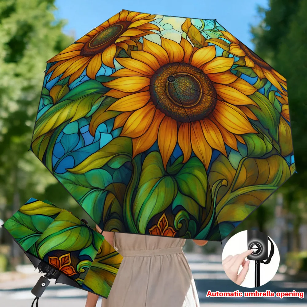

1pc 's Automatic Umbrella with Sunflower Design - Automatic Opening/Closing,, 8-Rib Sturdy Frame, Compact Folding Umbrella for