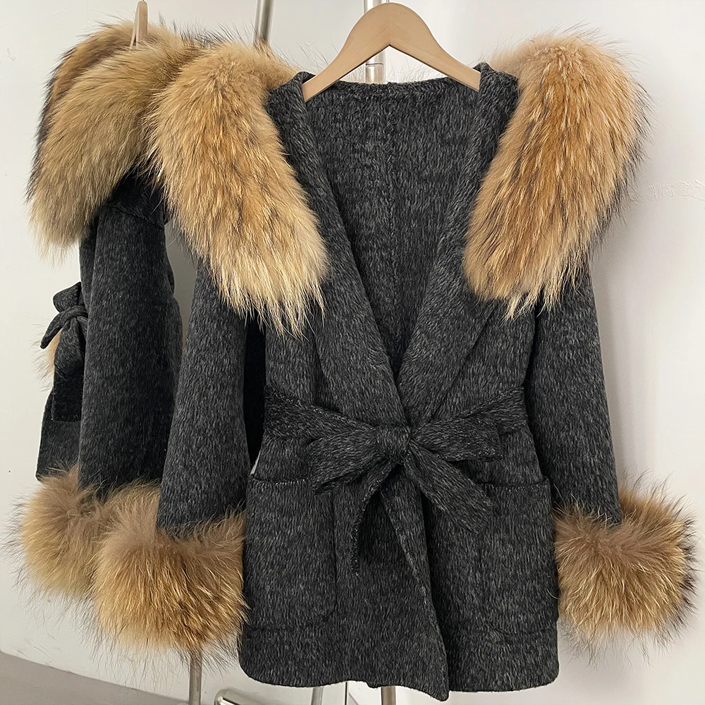 Oversized Coat Short Wool Coat with Natural Fur Collar Belted Wrap Coat Warm Protection Winter Elegant Classic for Evening Wear