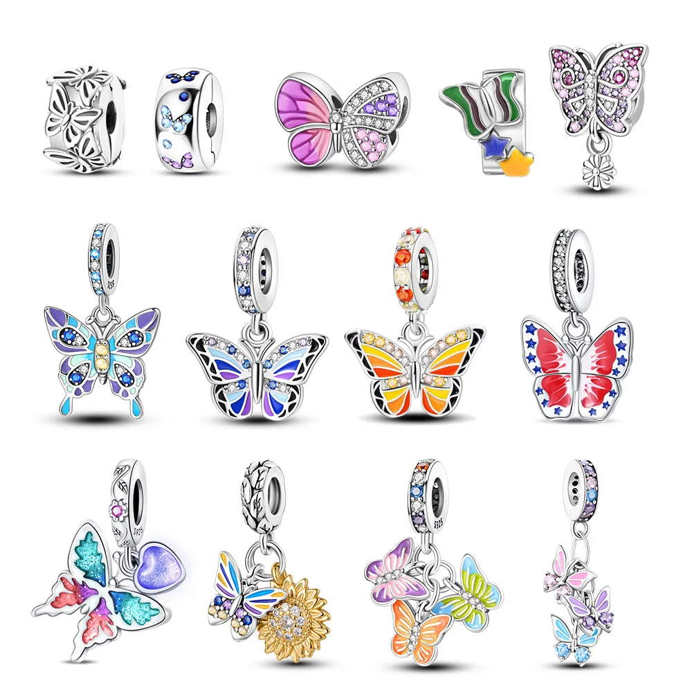 Cuentas de plata esterlina 925 para novia, accesorio con colgante de mariposa de colores, ideal para pulsera, collares, regalo romántico con fecha