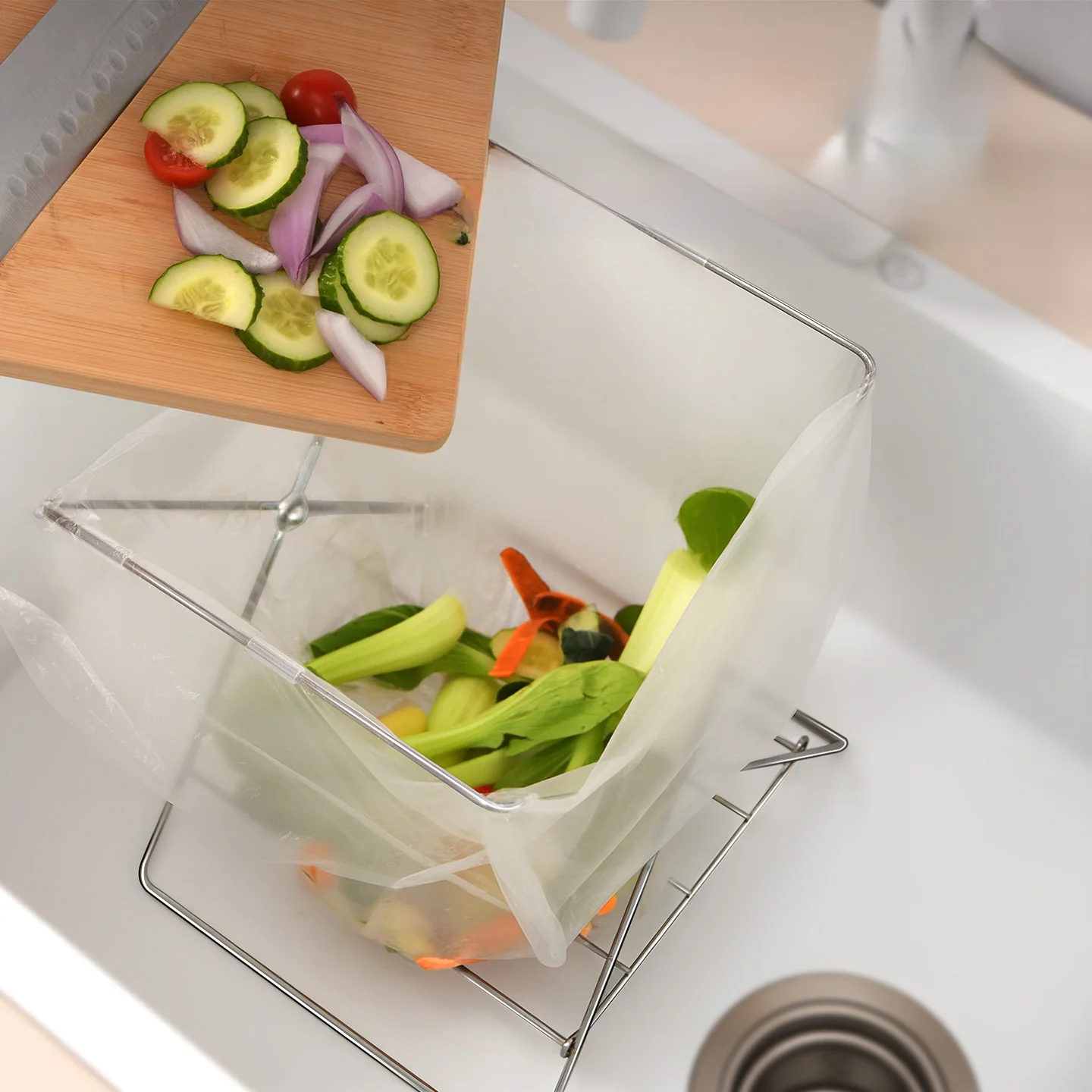

Stainless Steel Kitchen Countertop Trash Can Holder Cloth Drying Rack Waste Bag Stand Home Cleaning Tool Simple Style Foldable
