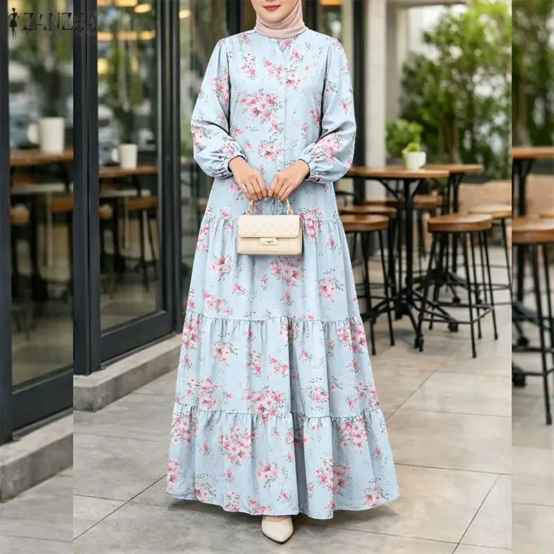 Damen Bohemian Blumenprint-Kleid 2026 ZANZEA Muslimische Abaya Robe Femme Lässiges O-Ausschnitt Langarm-Sommerkleid Kaftan Lose Vestidos
