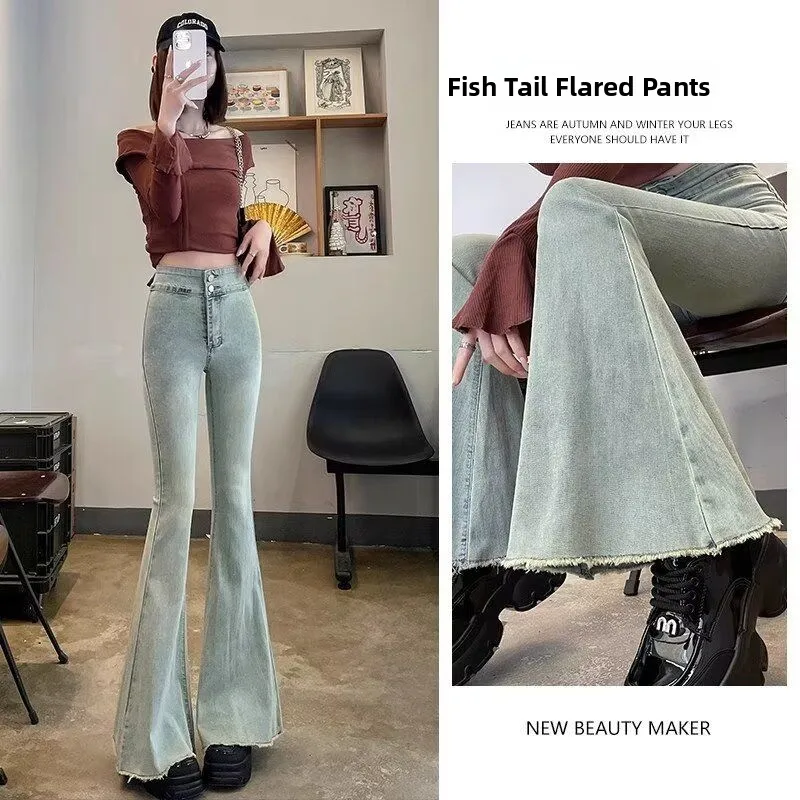 

Vintage High Waist Wide Leg Jeans Women's Frayed Hem Bell Bottoms Student Design Slim Fit Long Pants Casual Cotton Polyester