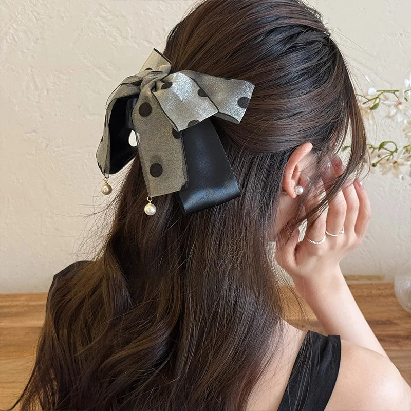 Sweet Cute Multi Layer Polka Dot Bow Hair Clip Pearl Half Up Ponytail Holder High Quality Korean New Design For Festival
