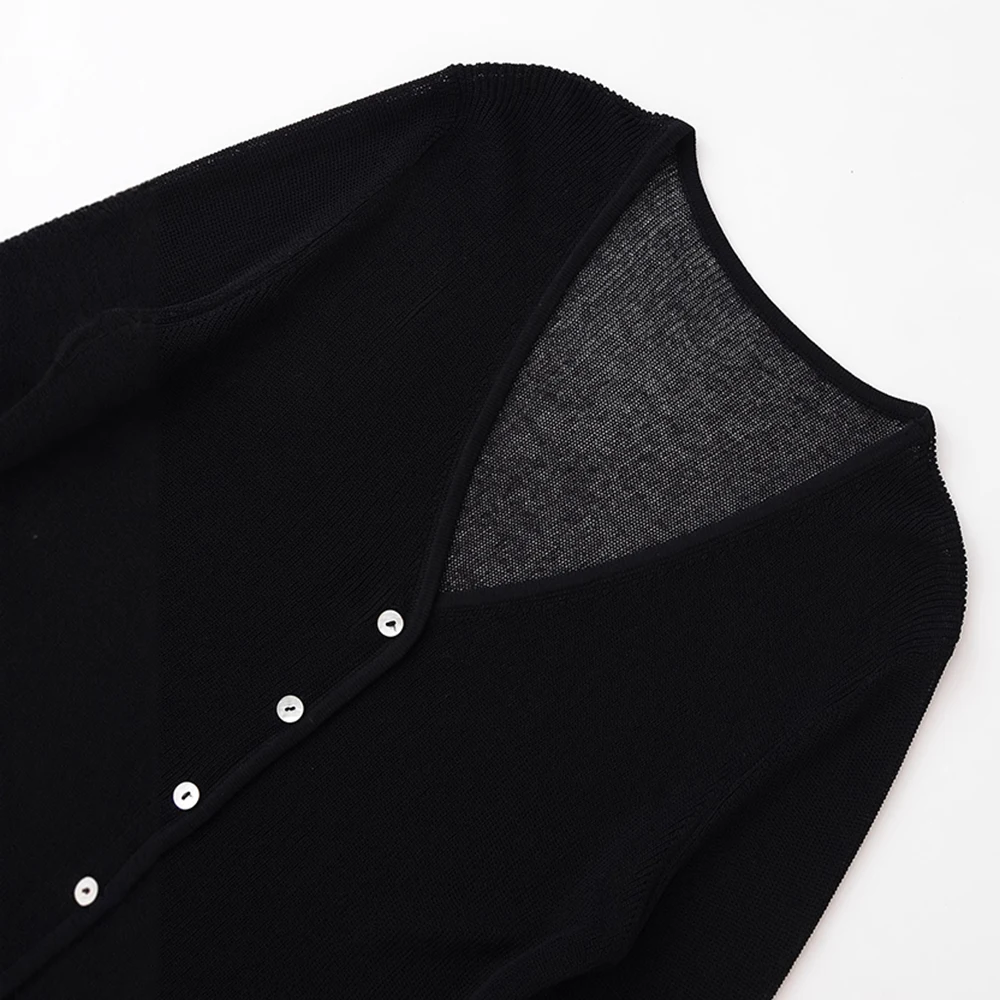 Moda feminina manga comprida malha cardigã estilo rede olho bainha inferior agasalhos linha A