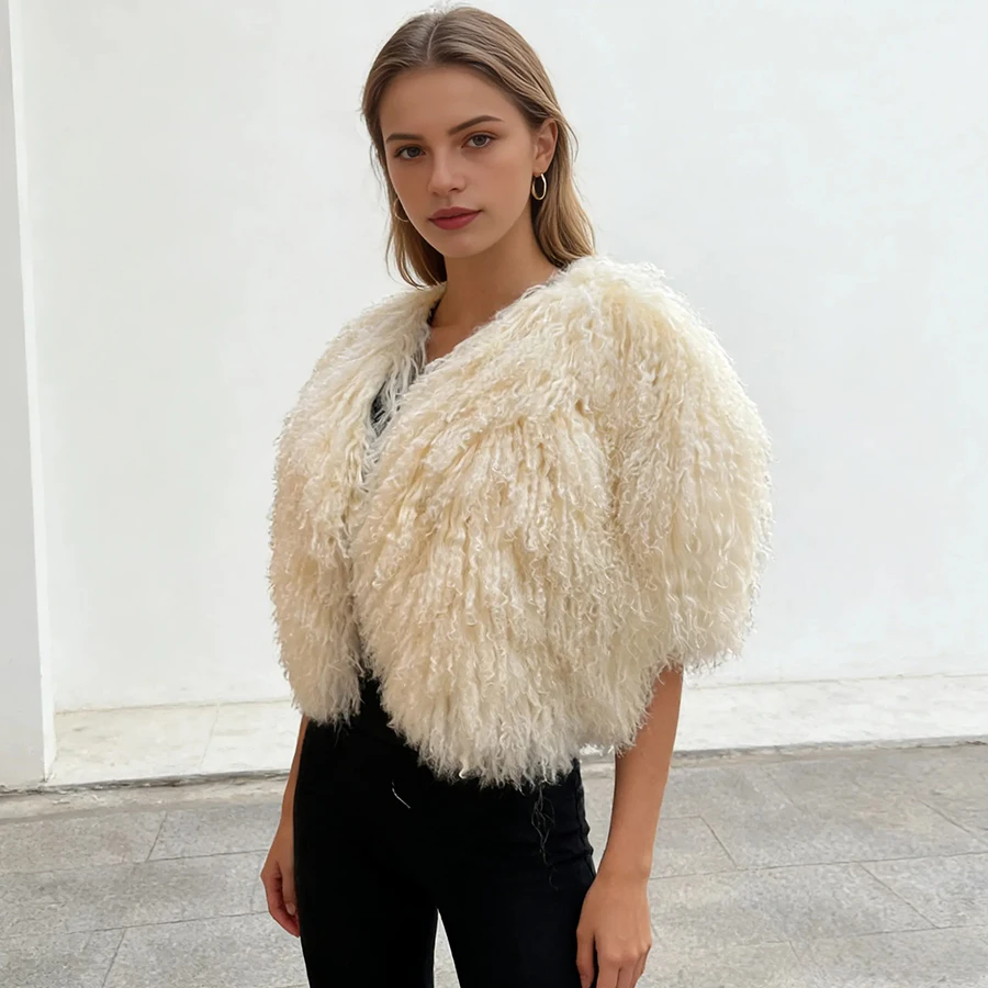 

Short Mongolian Fur Coat Poncho For Woman Cropped Fur Jacket Luxury Warm New Arrivals Women's Sheepskin Coat