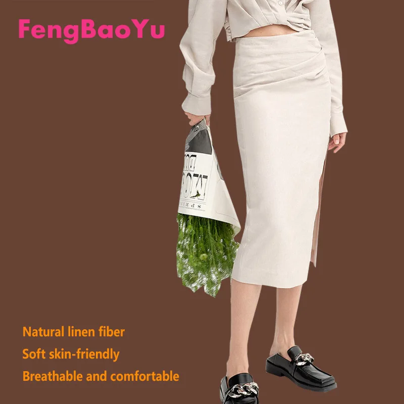 

Fengbaoyu High-end Linen Ladies' Half-Dress High-Waist Slit Stylish and Fashionable Casual Dress Spring Summer