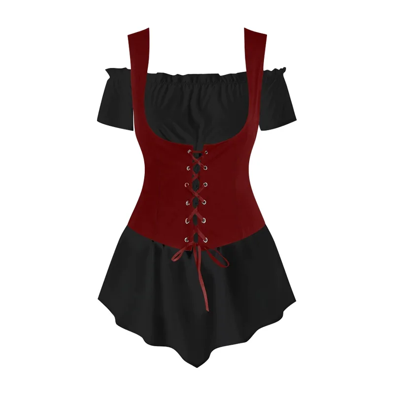 قميص Steam Punk بكتف واحد مع سترة برباط على طراز Punk مكون من قطعتين للنساء