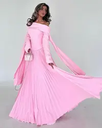 Customized Pink Chiffon Off the Shoulder Evening Dresses Formal and Classic Boat Neck A-Line Long Sleeves Sweep Train Party Gown