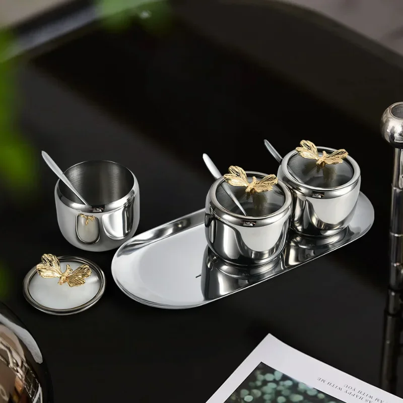 Light Luxury Visual Seasoning Tank Kitchen Household 304 Stainless Steel Seasoning Bottle with Spoon Seasoning Box MSG Salt Tank